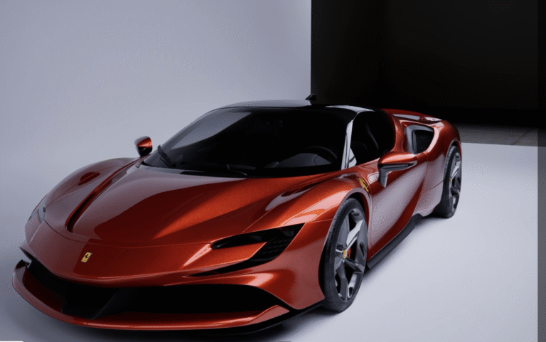 Ferrari sports car in vibrant red finish showcasing realistic vinyl wrap visualization, emphasizing reflection accuracy and design detail.